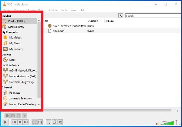 Menú lateral de VLC