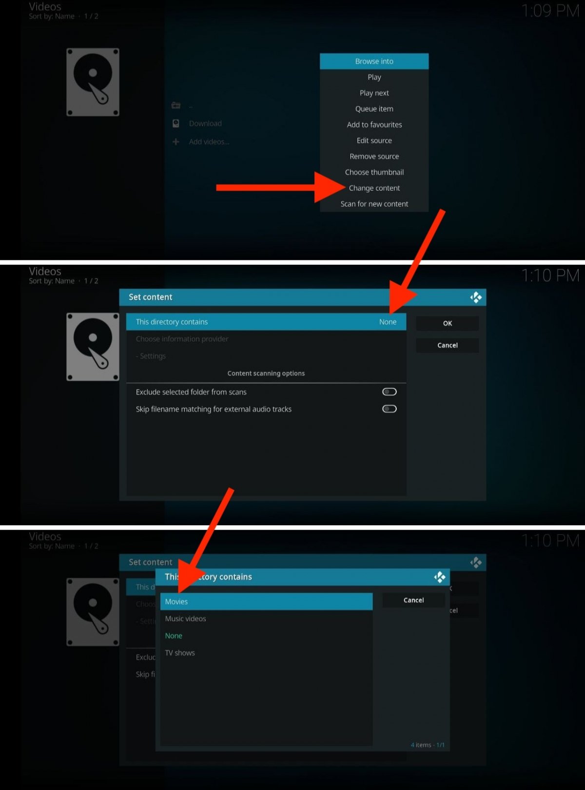 We have to tell Kodi what file types to search for in each folder