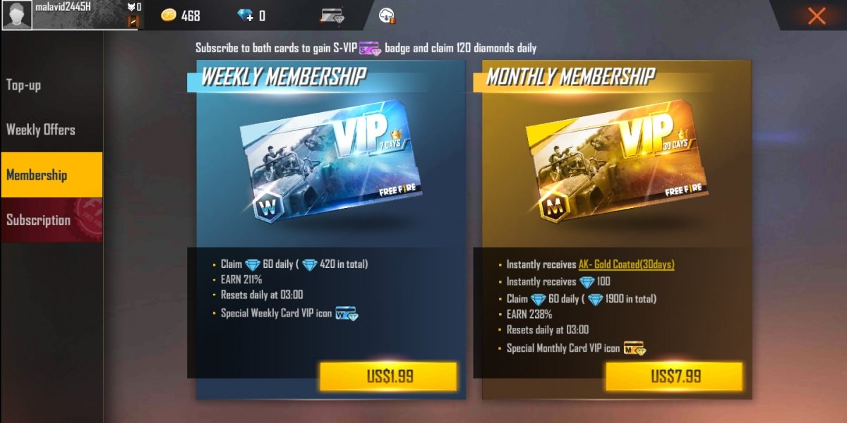Weekly and monthly VIP cards with diamonds