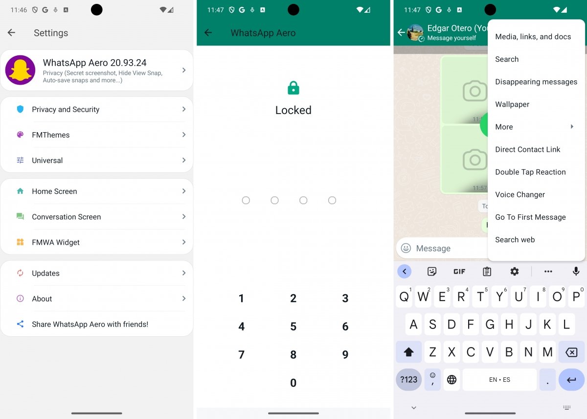 Captures d’écran de l’interface de WhatsApp Aero