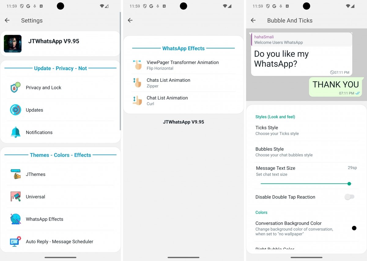 WhatsApp+ JiMODs interface screenshots