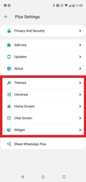 WhatsApp Plus’ customization section