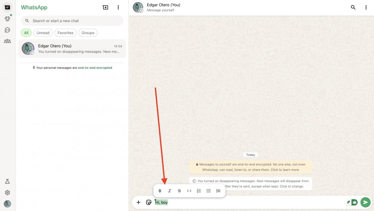 WhatsApp Web includes a very useful format selector that appears when selecting text