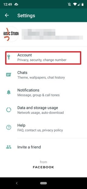 Opciones de cuenta en WhatsApp