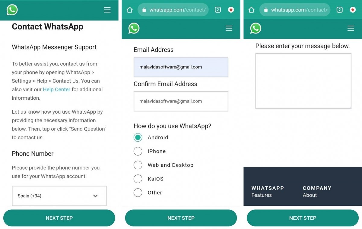 WhatsApp's online contact form