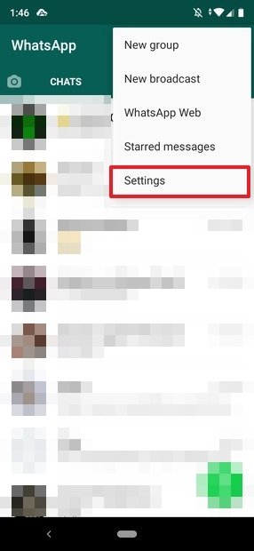 Menu de configuração do WhatsApp