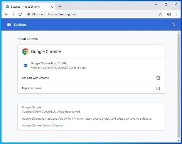 Окно справки о версии Chrome