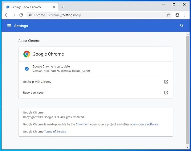 Finestra della guida sulla versione di Chrome