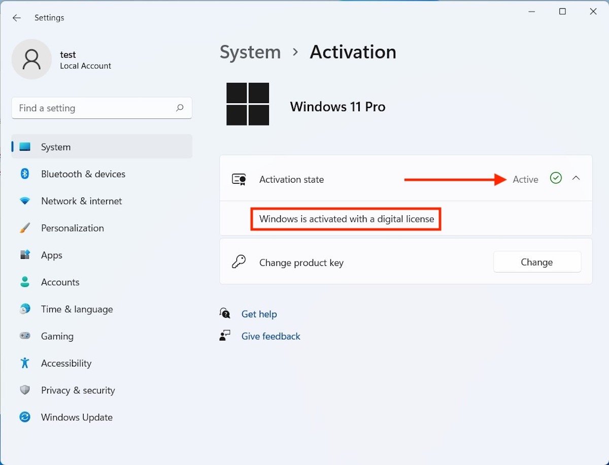 Status da ativação no Windows 11