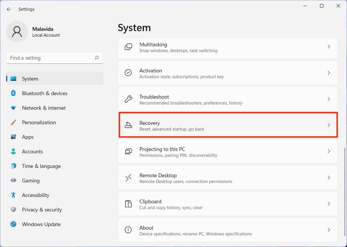 Windows configuration for system recovery