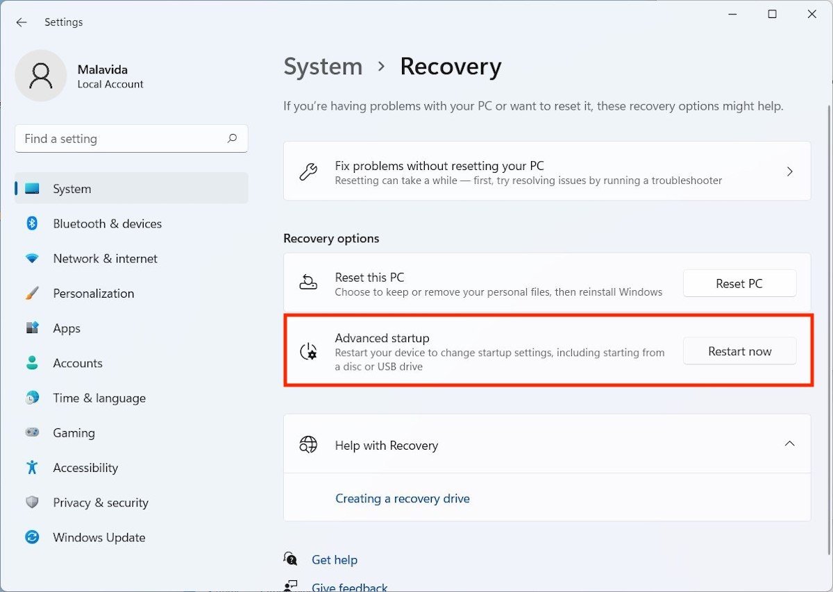 Es posible acceder al inicio avanzado desde la configuración