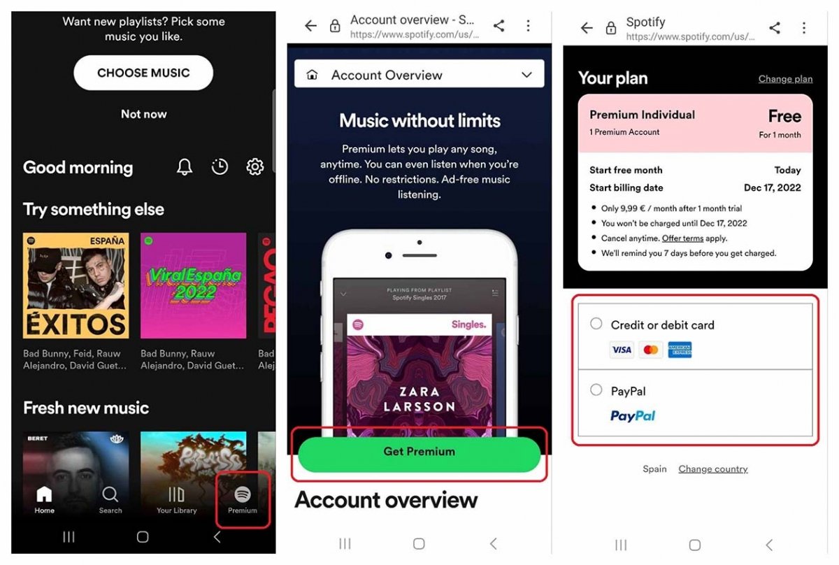 Tendrás que introducir una forma de pago válida para probar Spotify Premium gratis