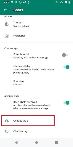 Chat Backup está en la parte inferior