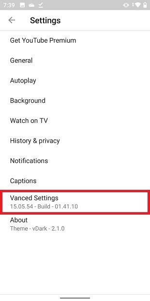 YouTube Vanced settings