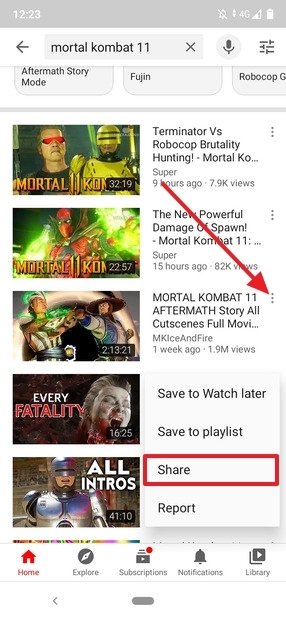 YouTube video menu