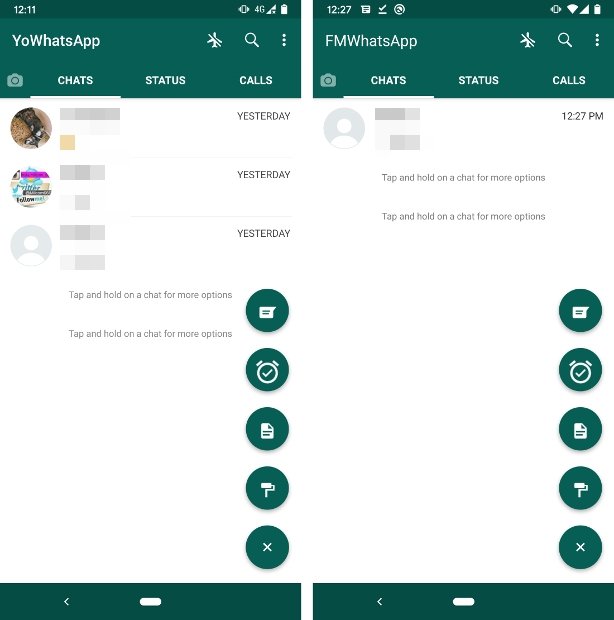 Seção de chats do YOWhatsApp e FMWhatsApp