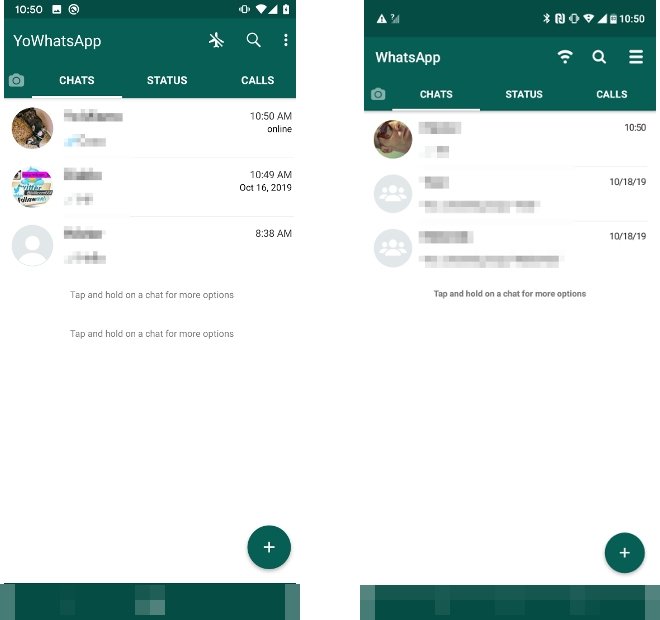 YOWhatsApp and WhatsApp Plus’ chat list face to face