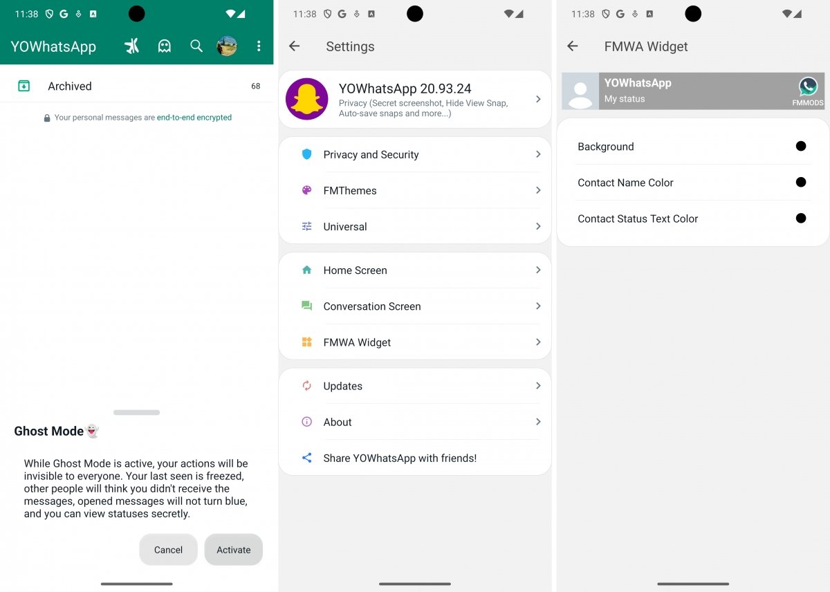 YOWhatsApp interface screenshots