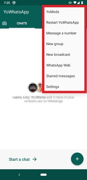 Menú de opciones de YOWhatsApp