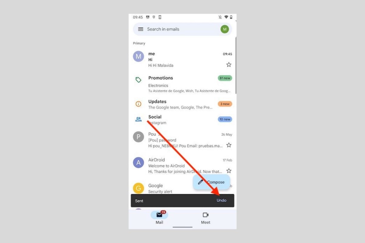 How to undo sending an email in Gmail from Android