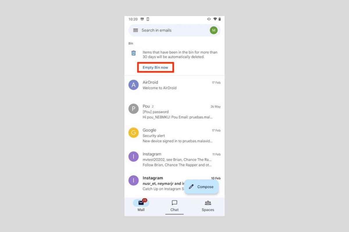 Cómo vaciar la papelera en Gmail para Android