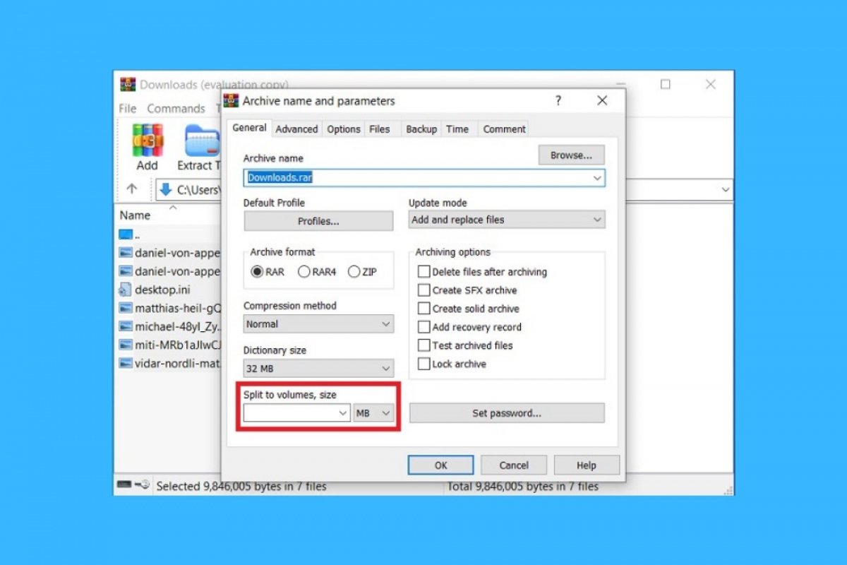 How to split a file with WinRAR