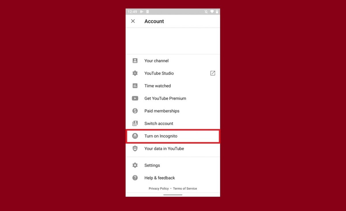 How to turn on the incognito mode in YouTube for Android